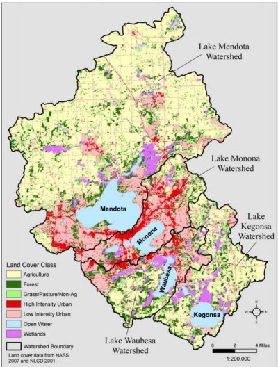 Madison - Usage du sol près des 4 lacs, carte réalisée par Tom Simmons, WDNR, tirée de la présentation de Lathrop (2009)