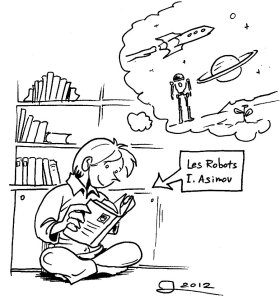 Portrait de l'auteure découvrant la SF dans la bibliothèque de son père.