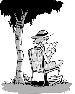 Michèle en train de lire à l'ombre d'u arbre