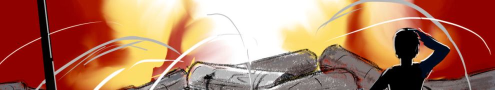 Couverture du Kaiju de Mississauga Un garcon de dos observe un incendie combattu par des pompiers.