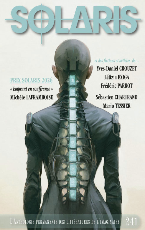 Couverture de Solaris 241 avec une femme de dos, sa colonne vertébrale robotisée. 